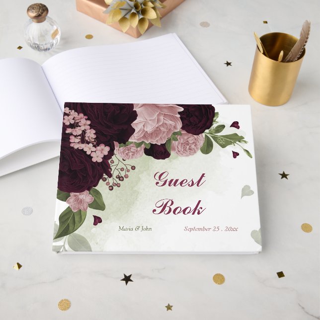 pink & cabernet flowers greenery guest book (Front Open)