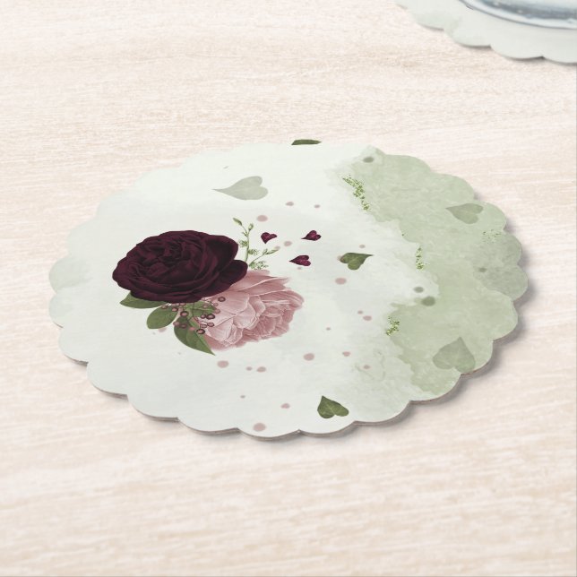 pink & cabernet flowers greenery paper coaster (Angled)