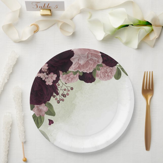 pink & cabernet flowers greenery paper plate (Wedding)