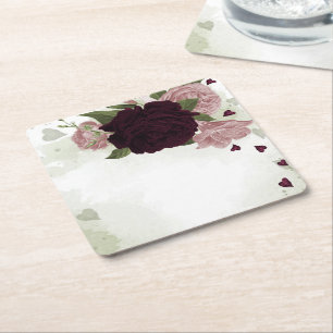 pink & cabernet flowers greenery square paper coaster