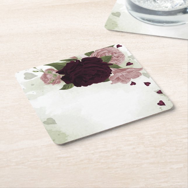 pink & cabernet flowers greenery square paper coaster (Angled)