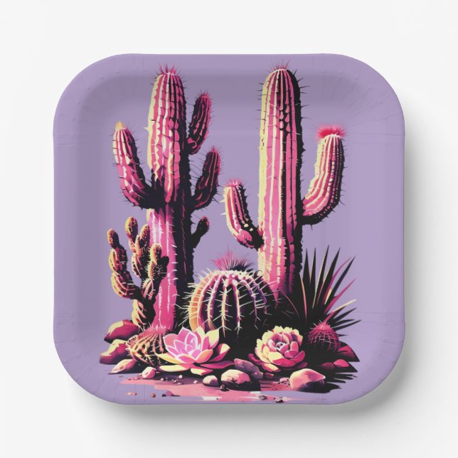 Pink Cacti Batch-Light Purple Background Paper Plate (Front)