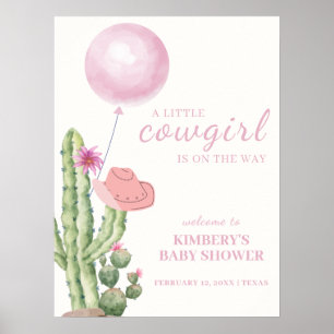 Pink Cactus Balloon Cowgirl Baby Shower Welcome  Poster
