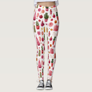Pink Cactus Christmas Ornaments Pattern Leggings
