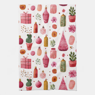 Pink Cactus Christmas Ornaments Pattern Tea Towel