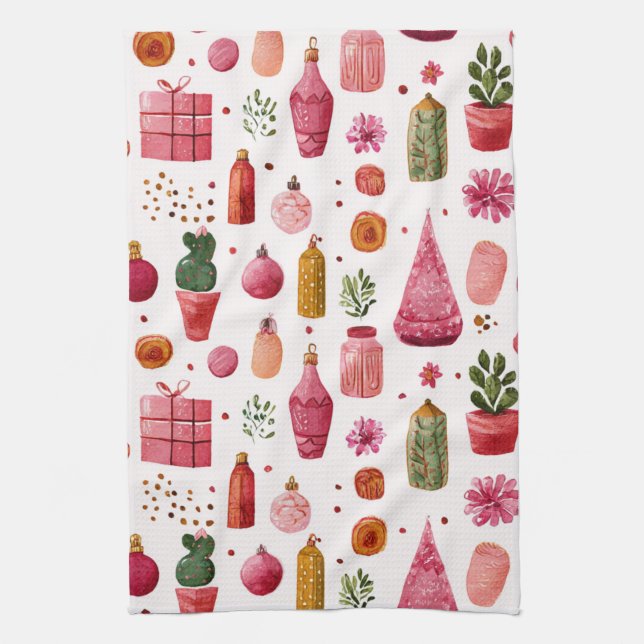 Pink Cactus Christmas Ornaments Pattern Tea Towel (Vertical)