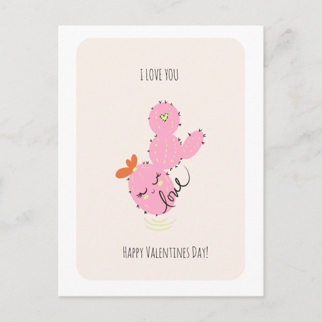 Pink Cactus Doodle Valentines Day  Postcard (Front)