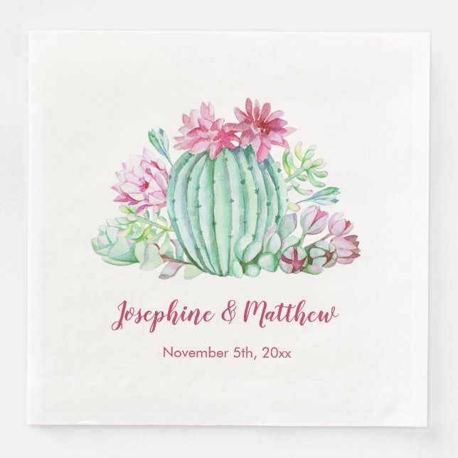 Pink Cactus Flowers Succulents Watercolor Wedding Napkin (Front)