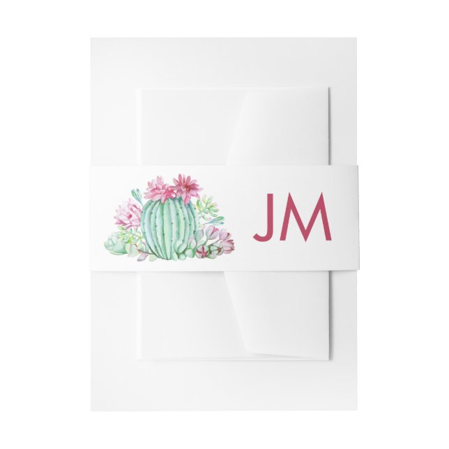 Pink Cactus Flowers Succulents Wedding Monogram Invitation Belly Band (Front Example)