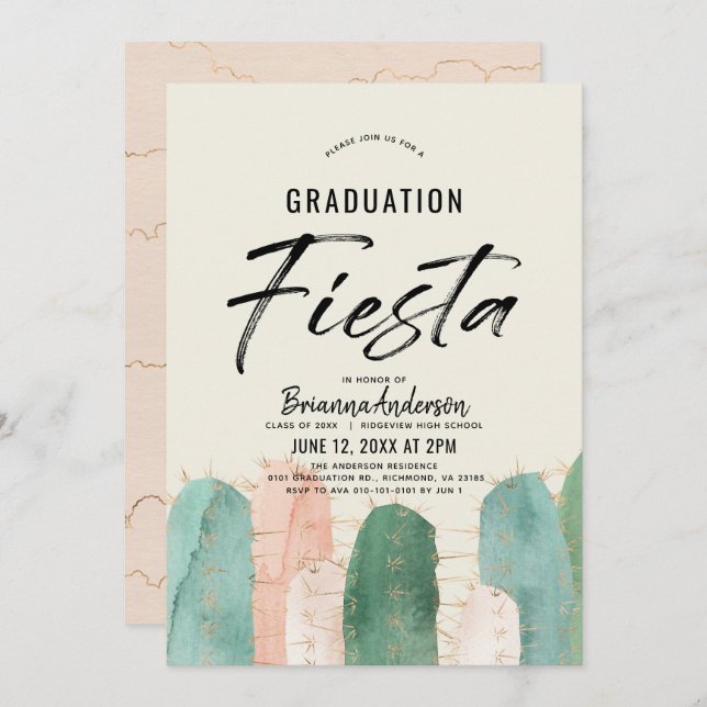 Pink Cactus Graduation Fiesta Invitation (Front/Back)