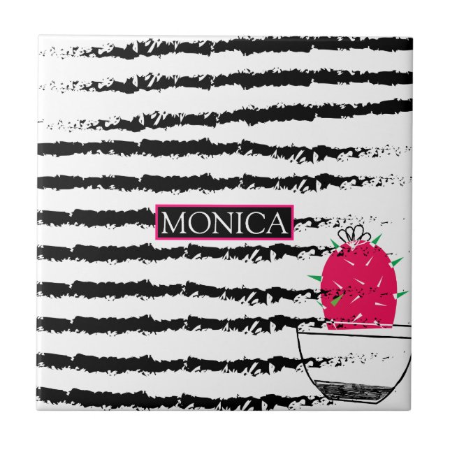 Pink Cactus pattern design Ceramic Tile (Front)