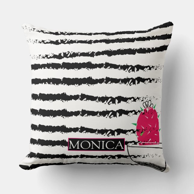 Pink Cactus striped pattern monogram Cushion (Front)