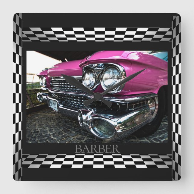Pink Cadillac Black, White Checkers Square Wall Clock (Front)