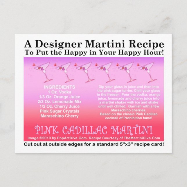 Pink Cadillac Martini Recipe Card Postcard (Front)
