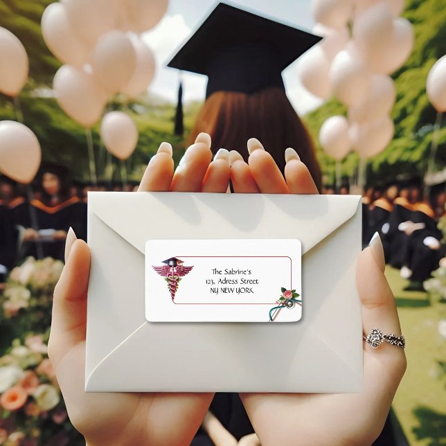 Pink caduceus Stethoscope Nurse Graduation address Label (Creator Uploaded)
