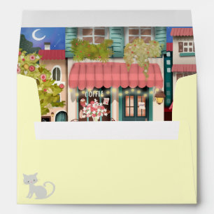 Pink Cafe Bookstore with Kittens Envelope