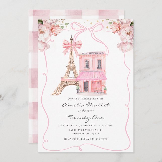 Pink Cafe Paris Bow Eiffel Tower Any Age Birthday Invitation (Front/Back)