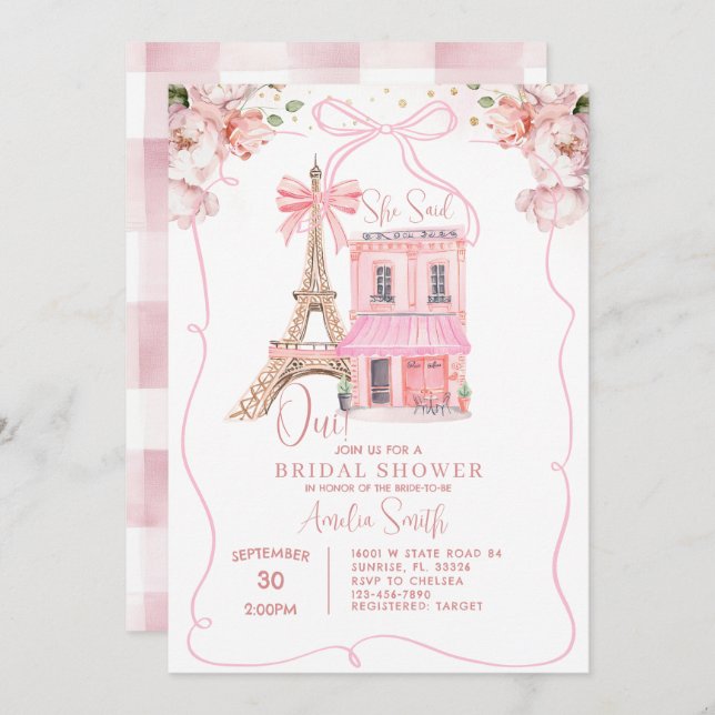 Pink Cafe Paris Bow Eiffel Tower Bridal Shower Invitation (Front/Back)