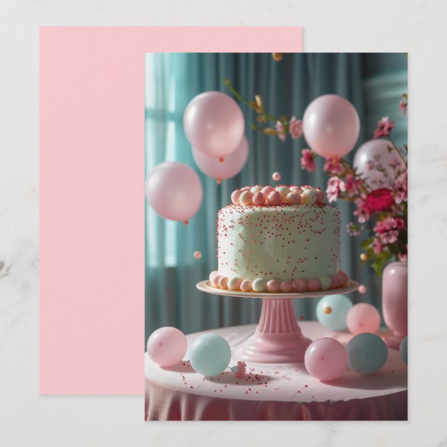 Pink Cake And Balloons Invitation (Front/Back)