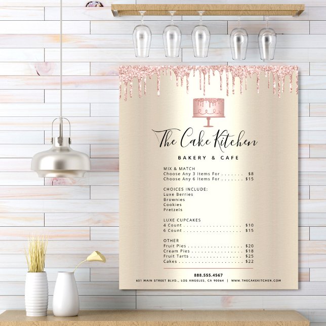 Pink Cake Bakery Glitter Drip Gold Menu Price List Poster (Creator Uploaded)