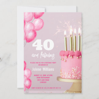 Pink cake balloons modern 40th birthday invitation