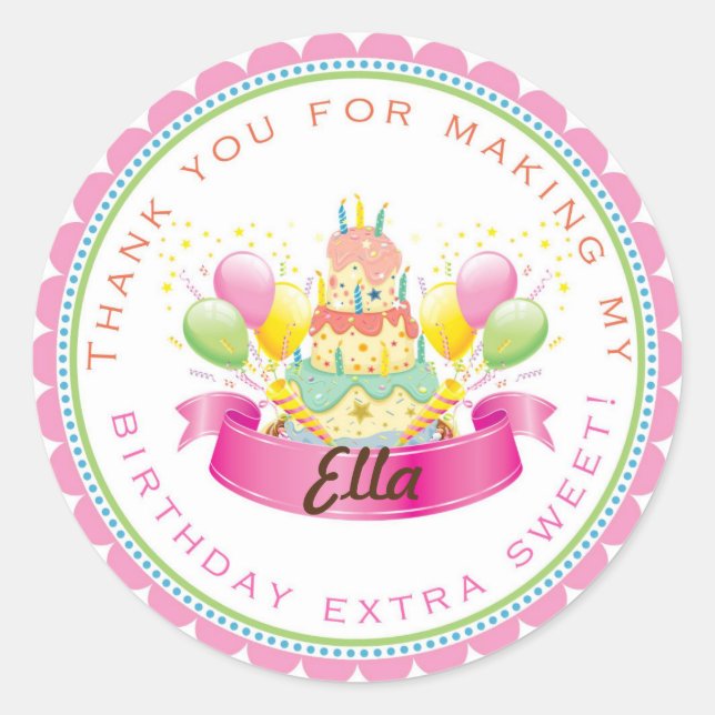 Pink Cake Birthday Party favour stickers (Front)