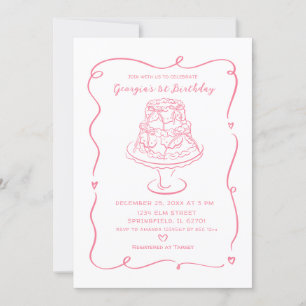 Pink Cake Conquette Bow Girl's 1st Birthday Invitation