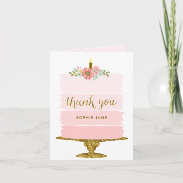 Pink Cake First Birthday Glitter Thank You Card (Front)