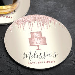 Pink cake glitter drips elegant girly gold party round paper coaster<br><div class="desc">Relax with your favourite beverage and protect your furniture with these simple, modern, girly, and stylish custom name paper coasters. A glittery, chic, rose gold 2 layer cake, elegant script typography and glitter drips overlay a faux metallic champagne gold ombre background. Personalise with the name and message of your choice....</div>