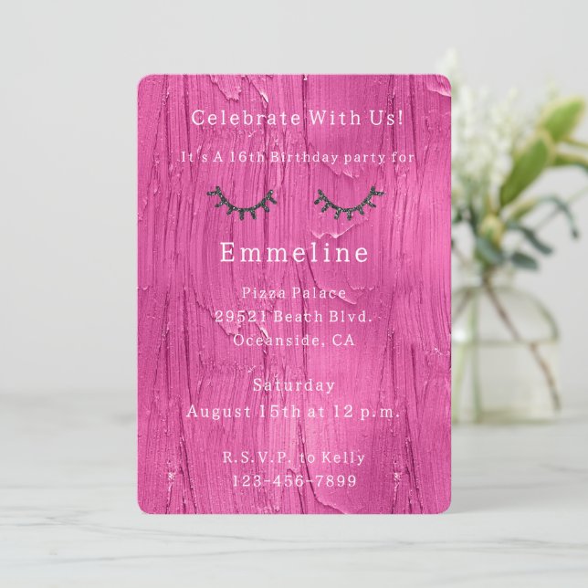 Pink Cake Glitzy Black Glitter Eyelashes Birthday Invitation (Standing Front)