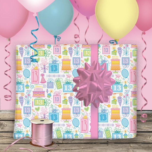 Pink Cake Presents Balloons 13th Birthday  Wrapping Paper Sheet (Creator Uploaded)