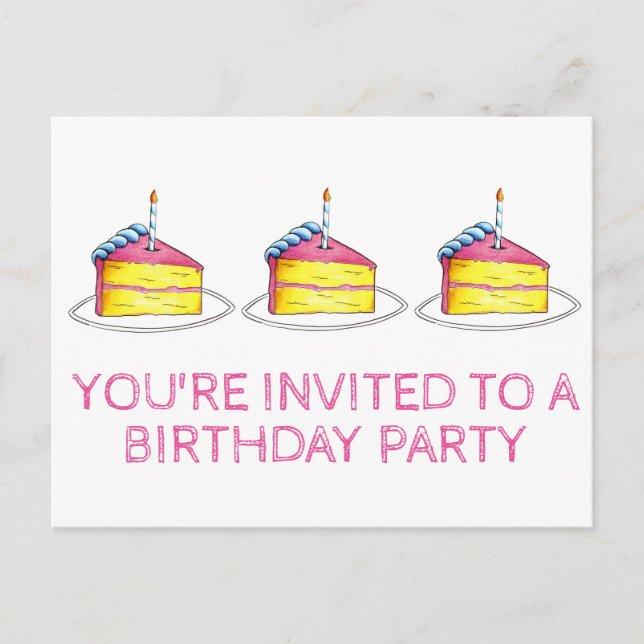 Pink Cake Slice Candle Birthday Party Invitation (Front)