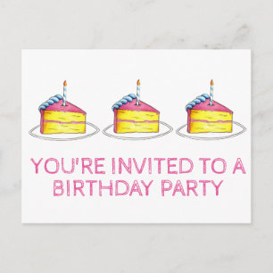 Pink Cake Slice Candle Birthday Party Invitation Postcard
