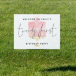 Pink Cake Welcome Name Script 21st Birthday Party Garden Sign<br><div class="desc">Pink Cake Welcome Name Script 21st Birthday Party. Twenty First is in an elegant set script and  you can easily personalise the rest of the text,  which is overlaid onto a softly coloured watercolor glam pink cake with flower on the top.</div>