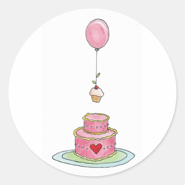 Pink Cake with Balloon and Cupcake Classic Round Sticker (Front)