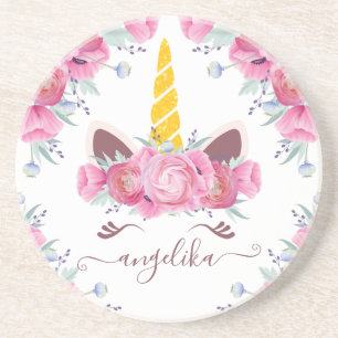 Pink California Poppies Floral Unicorn Head Coaster