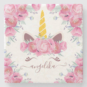 Pink California Poppies Floral Unicorn Head Stone Coaster
