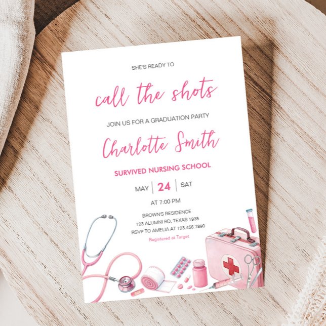 Pink Call the Shots Nursing Graduation Party Invitation (Call the Shots Nursing Graduation Party Invitation)