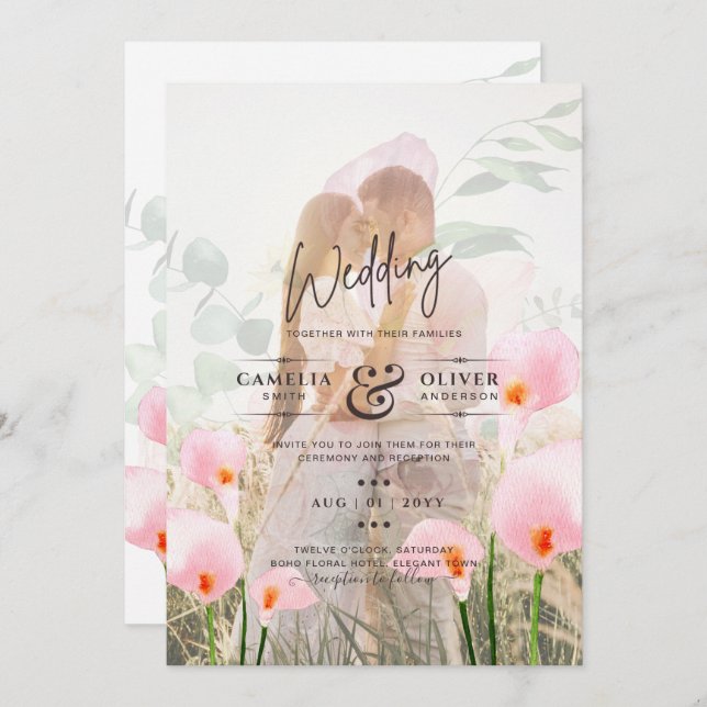 PINK CALLA LILIES PHOTO OVERLAY WEDDING INVITE (Front/Back)