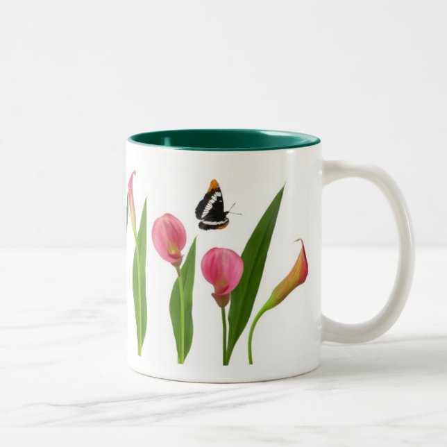 Pink Calla Lilies with Butterflies Two-Tone Coffee Mug (Right)