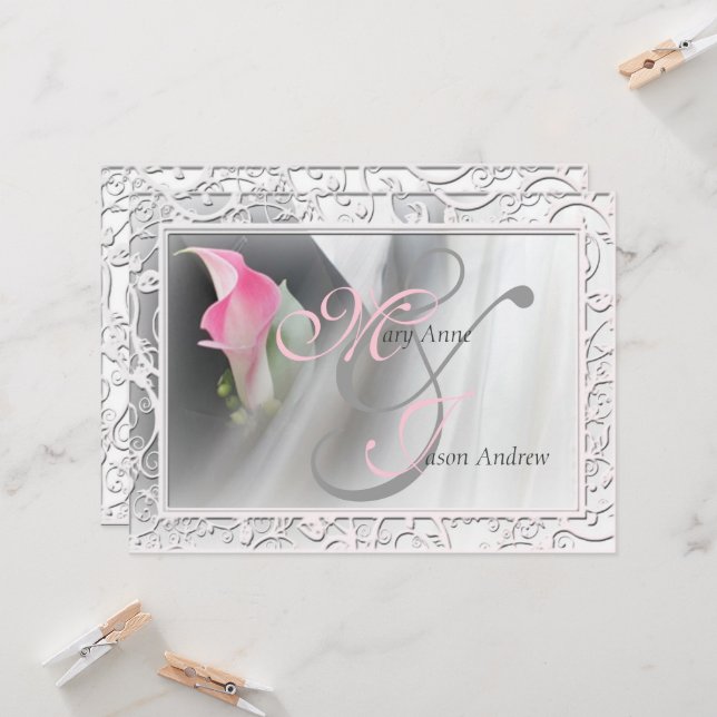 Pink Calla Lily Flourish Frame Wedding Invitation (Front/Back In Situ)