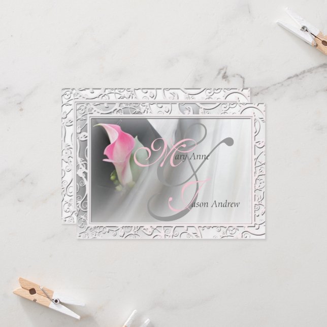 Pink Calla Lily Flourish Frame Wedding Invitation (Front/Back In Situ)