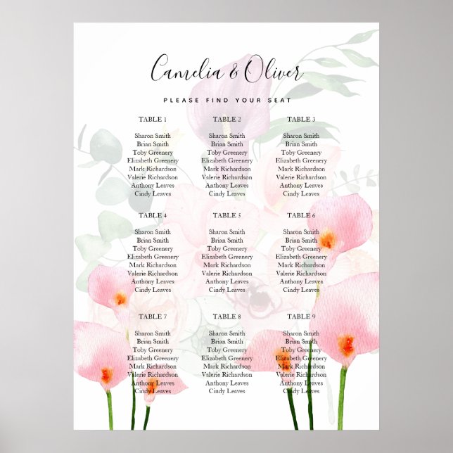Pink Calla Lily SEATING CHART 9 Table Foam Board (Front)