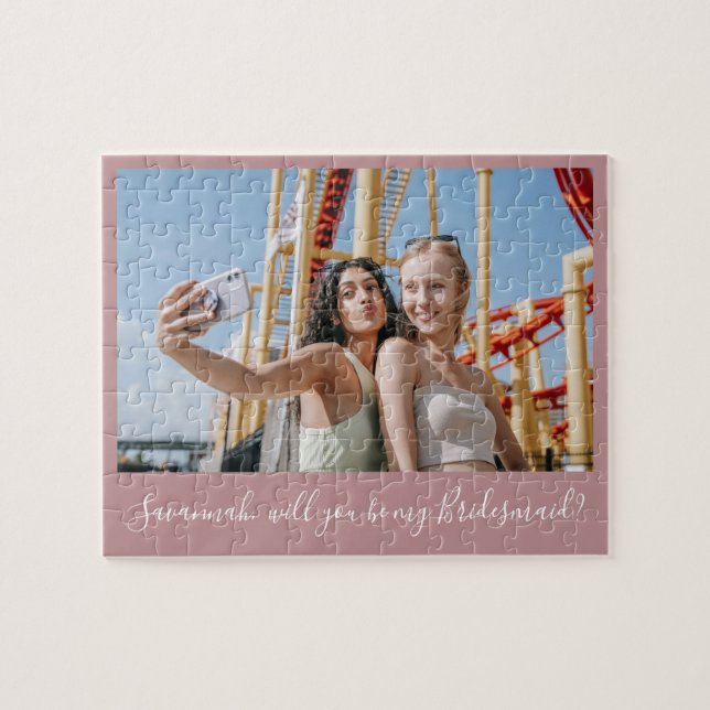 Pink Calligraphy Custom Photo Bridesmaid Proposal Jigsaw Puzzle (Horizontal)