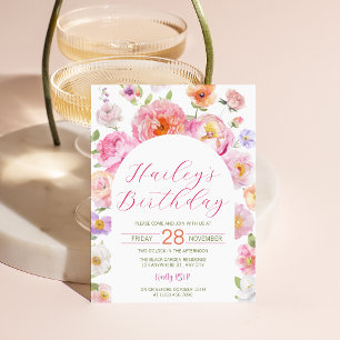 Pink Calligraphy Floral Arch Birthday Party Invitation