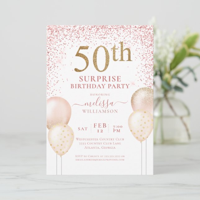 Pink Calligraphy Glitter Surprise 50th Birthday Invitation (Standing Front)
