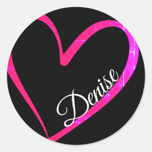 Pink Calligraphy Heart on Black Custom Name Cute Classic Round Sticker