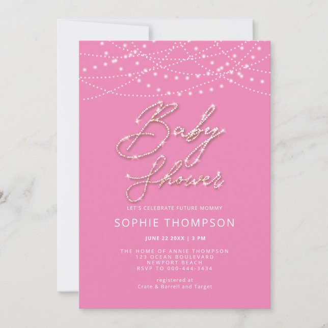 Pink Calligraphy Rustic Lights Girl Baby Shower Invitation (Front)