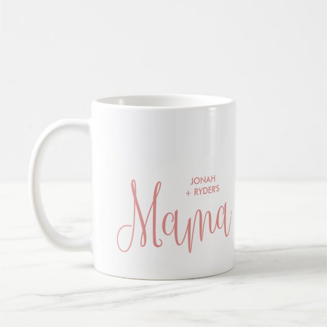 Pink Calligraphy Script Mama Lettering Kids Names  Coffee Mug (Left)