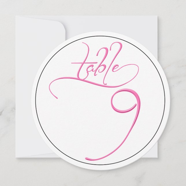 Pink Calligraphy Script Round Table Number 9 Card (Front)